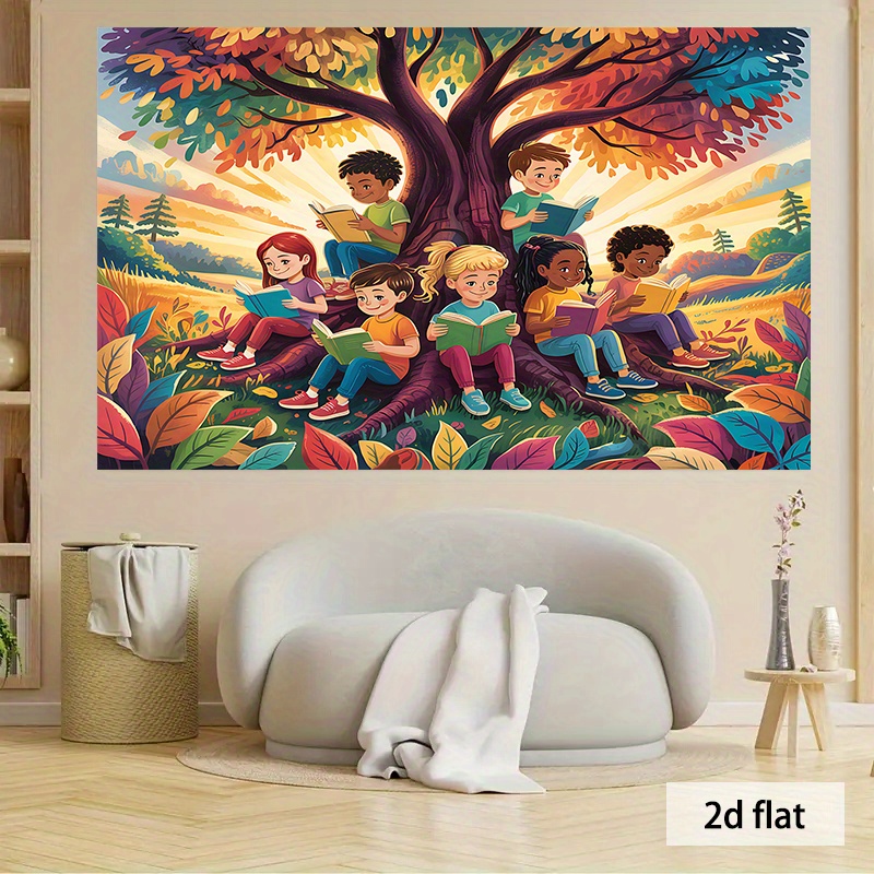 Kids Education Nursery - 2D Flat,Kids Reading Under Colorful Tree