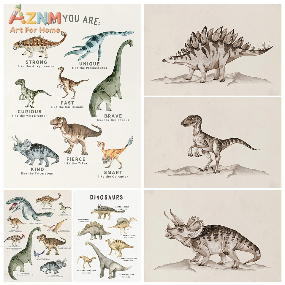Kids Education Quote - AZNM Watercolor Dinosaur Canvas Wall Art,